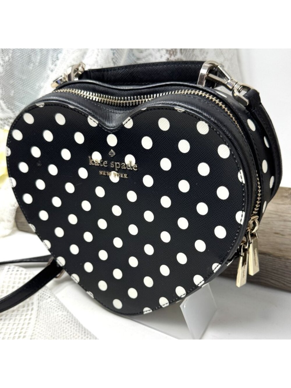 Kate Spade Black & White Polka Dot Heart-Shaped Crossbody Bag With Gold Hardware